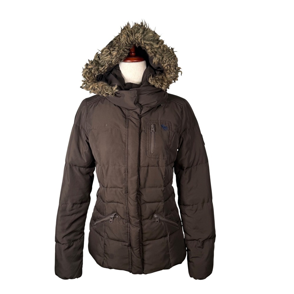 Abercrombie Fitch Puffer Jacket‎ Fur Hood Brown Womens Small Y2K Preppy School